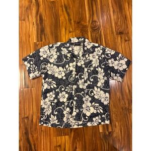 Thousand Mile USA Mens Hawaiian Shirt Navy Blue White Hibiscus Floral Print L